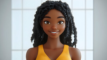 Sticker - A cheerful animated character with curly hair, wearing a yellow top, smiling warmly.