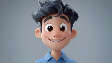 Canvas Print - A cheerful animated character with dark hair and a friendly smile, wearing a blue shirt.