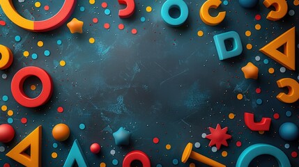 Wall Mural - Colorful 3D geometric shapes and sprinkles border on dark blue background.