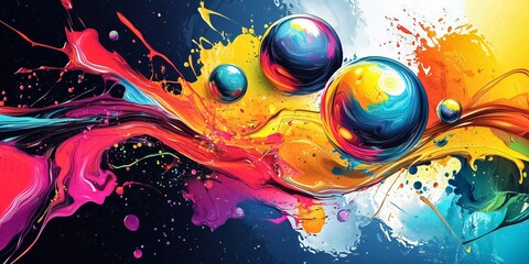 abstract colorful background with spheres flowing on colorful paint, mixing and splashing, forming a