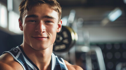 Portrait of a young Caucasian male athlete wearing a sports jersey looking straight into the camera with copy space and gym setting with equipment in the background