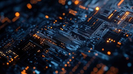 Poster - Abstract Close-Up of a Circuit Board with Orange Lights