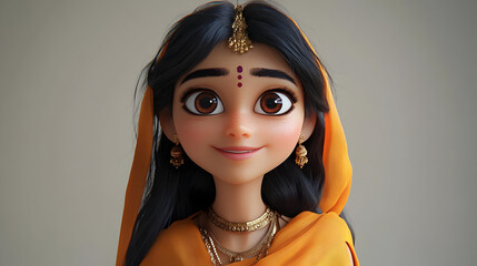 Poster - A cheerful animated character wearing traditional attire with jewelry and a vibrant scarf.