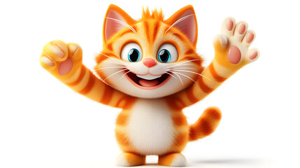 Wall Mural - A cheerful cartoon cat with orange stripes and big eyes, waving happily.