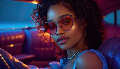 Poster - Young beautiful African-American woman wearing heart shaped glasses in car 