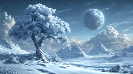 Wall Mural - A serene winter landscape featuring a snow-covered tree and a large moon in the sky.