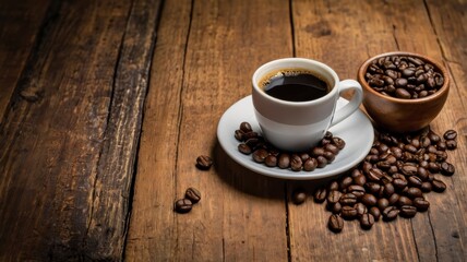 Wall Mural - Banner with fresh coffee and beans on wooden background