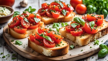 Wall Mural - Delicious savory Italian tomato bruschetta slices on white wooden board. Tomato bruschetta with chopped tomatoes, garlic and herbs on toasted bread.
