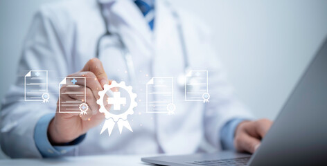 Wall Mural - a medical worker work with virtual quality certificate and checklist document analyst target marketi