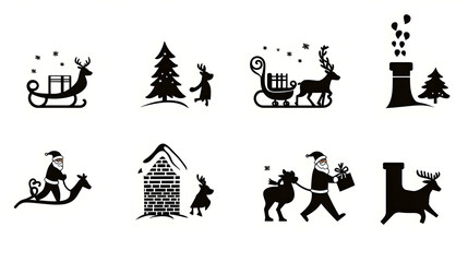 Wall Mural - Silhouettes of Christmas-themed elements including reindeer, sleigh, and Santa.