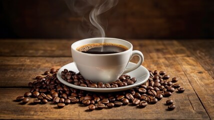 Wall Mural - Cup of fresh coffee with beans on wooden background banner