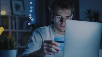 Poster - A man is sitting in front of a laptop with a cup of coffee in his hand