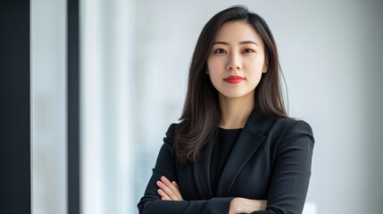 Asian business woman arms crossed standing in the white office