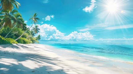 tropical beach with white sand, palm trees, clear blue water, and a bright sun in the sky.