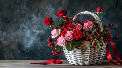 A white wicker basket adorned with vibrant red and pink roses rests elegantly on a light wooden surface, complemented by a luxurious red gift ribbon. 
