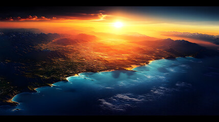 Canvas Print - A breathtaking sunset over mountains and coastline, showcasing nature's beauty.