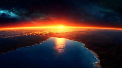 Wall Mural - A stunning view of a sunrise over the ocean, highlighting Earth’s curvature and atmosphere.