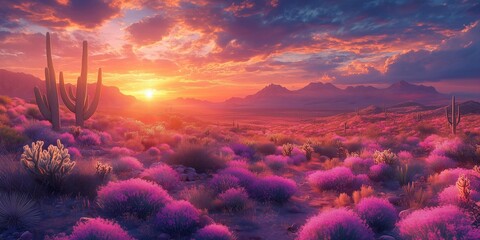 Poster - Surreal Sunset Over Blooming Cacti in a Dreamlike Desert Landscape, generative ai