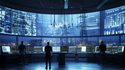 Electric grid control room with engineers monitoring energy flow