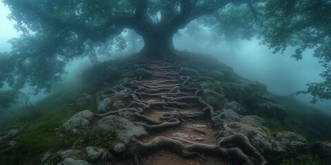 Wall Mural - Ethereal Morning Walk Through Ancient Trees, generative ai