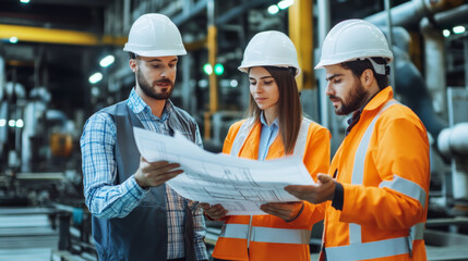 Engineers discussing blueprints in a factory setting