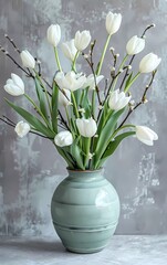 Sticker - A modern and minimalistic Easter floral arrangement with white tulips, pink roses, willow branches in an elegant light green vase on concrete background.