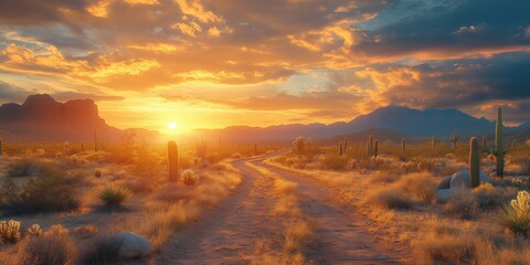 Wall Mural - Wide-Angle View of a Desert Pathway at Dusk, generative ai