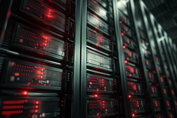 Poster - A contemporary server room that showcases advanced, sleek technology featuring illuminated indicators in red hues