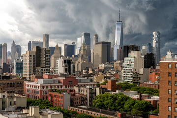 Poster - Thunderstorm clouds above New York City with Lower Manhattan Landmarks, Skyscrapers and Residential Buildings