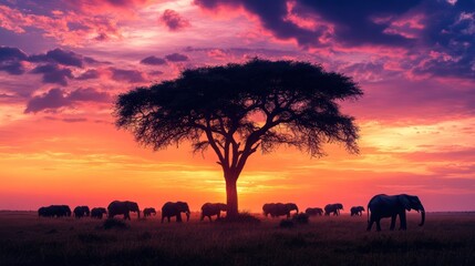 Canvas Print - African Elephant Silhouette at Sunset