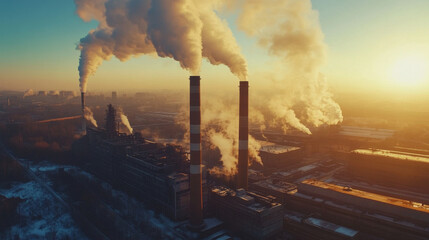 Large industrial smokestacks emitting steam