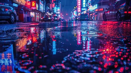 neon lights reflect in a puddle on a wet city street. the vibrant colors create an urban dreamscape.