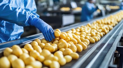 Wall Mural - Factory Quality Control. Man Evaluating Potatoes on Conveyor Belt in Manufacturing Plant