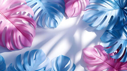 Wall Mural - Colorful tropical leaves in pink and blue shades create a vibrant, artistic background.