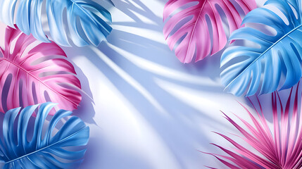 Wall Mural - Vibrant tropical leaves in blue and pink hues casting shadows on a light background.