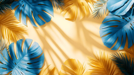 Poster - A vibrant arrangement of blue and yellow tropical leaves on a warm background.