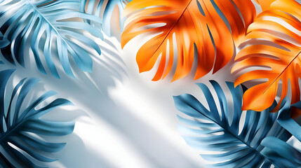 Poster - A vibrant arrangement of blue and orange tropical leaves on a light background.