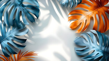 Canvas Print - A vibrant arrangement of blue and orange tropical leaves casting shadows on a light background.