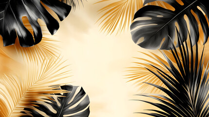 Poster - A vibrant background featuring tropical leaves in black and gold tones.