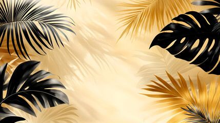 Wall Mural - A stylish background featuring black and gold palm leaves on a soft, light backdrop.