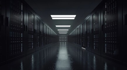 Poster - A dimly lit corridor showcases extensive server racks, embodying a highly sophisticated hightech data center