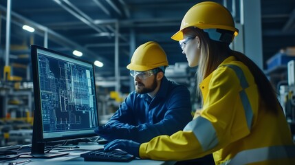 Two Engineers Working on Computer in Industrial Setting