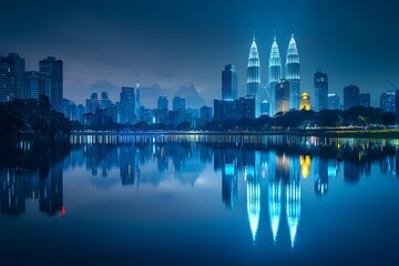 Wall Mural - Stunning Night View of Kuala Lumpur's Skyline Reflected in Water