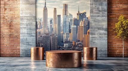 240804 176. New York City skyline with iconic landmarks, copper pipe frame stand centered and low in frame, cylindrical stand podium for displaying the product on any background in any environment,