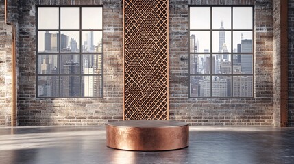 240804 177. Urban industrial chic theme, copper pipe frame stand with intricate geometric design, cylindrical stand podium for displaying the product on any background in any environment, exposed