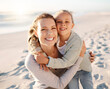© peopleimages.com - Portrait, mother and child hug at beach with travel, holiday and summer vacation in Florida. Happy, smile and bonding by the sea with love, care and support on family trip by ocean with embrace