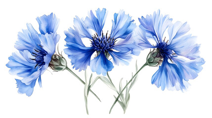 Wall Mural - A watercolor illustration of blue flowers with delicate petals and green stems.