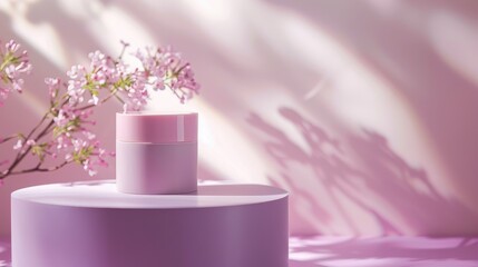 Sticker - Spring-themed cosmetic product presentation with lilac background and pink pedestal, featuring shadow and light effects.