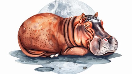 Sticker - Serene hippo slumbers under the grey moon in this handpainted watercolor illustration, set against a clean white backdrop.