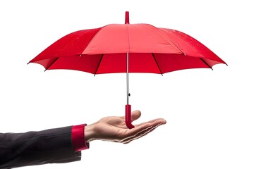 A Hand Holding a Vibrant Red Umbrella Against a White Background